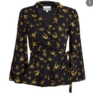 Ganni Top | Black and Yellow Bell Sleeve Blouse